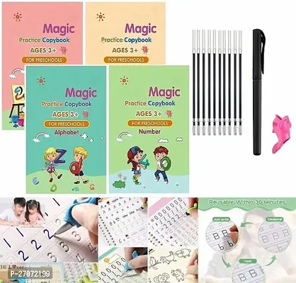 Magic Practice Copybook Number Tracing Book for Preschoolers with Pen, Magic Calligraphy Copybook Set Practical Reusable Writing Tool Simple Hand Lettering (4 BOOK + 10 REFILL+ 1 Pen + 1 Grip)