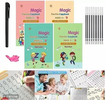 Magic Practice Copybook Number Tracing Book for Preschoolers with Pen, Magic Calligraphy Copybook Set Practical Reusable Writing Tool Simple Hand Lettering (4 BOOK + 10 REFILL+ 1 Pen + 1 Grip)-thumb0