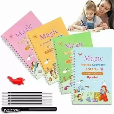 Magic Practice Copybook Number Tracing Book for Preschoolers with Pen, Magic Calligraphy Copybook Set Practical Reusable Writing Tool Simple Hand Lettering (4 BOOK + 10 REFILL+ 1 Pen + 1 Grip)