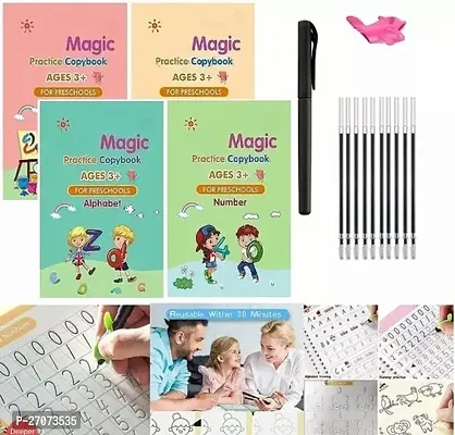 Magic Practice Copybook with Pen, Practical Writing Tool Simple Hand Lettering (Set of 4 Books + 10 Refill + 1 Pan)-thumb0