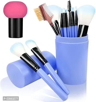 SNDS Makeup Brush - Multicolor, 12 Pieces BLUE BOX BRUSH With 1 Piec Masroom Blendar Puff