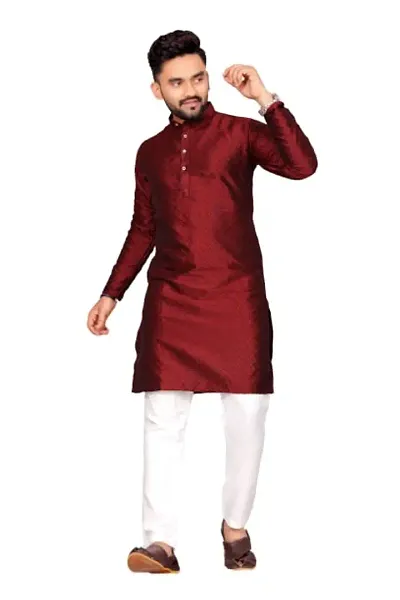 Vraj art? Men's Stylish Kurta with Full Sleeve I Men's Fancy colourfull Straight Long Kurta with Mandarin Neck I Colour-Maroon,Size-XXL