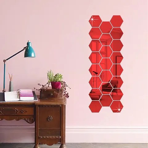 Premium Quality 23 Super Hexagon Red Wall Decor Acrylic Mirror For Wall Stickers For Bedroom - Mirror Stickers For Wall Big Size Cm Acrylic Sticker For Home Decoration