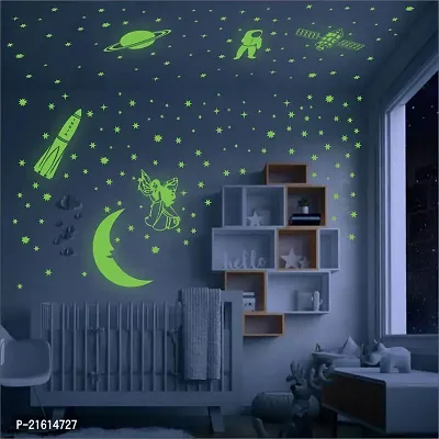 DeCorner Glow in The Dark Vinyl Fluorescent Night Glow Stickers in The Dark Star Space Wall Stickers | Radium Stickers for Bedroom F- Night Glow Radium Sheet (Pack of 134 Stars Big and Small, Green)-thumb0