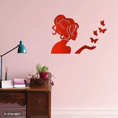 DeCorner - Angel Fairy with Butterfly Red | 3D Mirror Decorative Acrylic Wall Sticker Size- (45x34) Cm - Mirror Stickers for Wall | Wall Stickers for Home | Acrylic Stickers | Wall Mirror Sticker