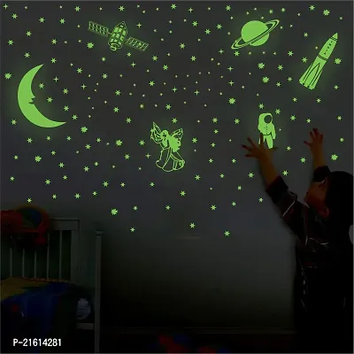DeCorner Glow in The Dark Vinyl Fluorescent Night Glow Stickers in The Dark Star Space Wall Stickers | Radium Stickers for Bedroom K-Night Glow Radium Sheet (Pack of 134 Stars Big and Small, Green)-thumb0