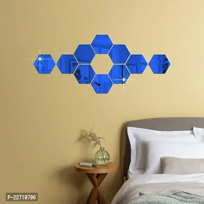 Premium Quality 10 Super Hexagon Blue Wall Decor Acrylic Mirror For Wall Stickers For Bedroom - Mirror Stickers For Wall Big Size Cm Acrylic Sticker For Home Decoration