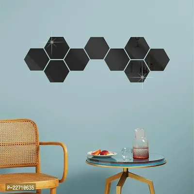 Premium Quality 9 Super Hexagon Black Wall Decor Acrylic Mirror For Wall Stickers For Bedroom - Mirror Stickers For Wall Big Size Cm Acrylic Sticker For Home Decoration
