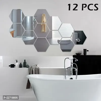 Premium Quality 12 Super Hexagon Silver Wall Decor Acrylic Mirror For Wall Stickers For Bedroom - Mirror Stickers For Wall Big Size Cm Acrylic Sticker For Home Decoration-thumb0