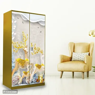 Self Adhesive Almirah Stickers, Wall Stickers, Decorative Sticker Wallpaper for Home Wardrobe Doors (GoldenDeerAlmira) PVC Vinyl Size Large (39 x 84 Inch)-thumb3