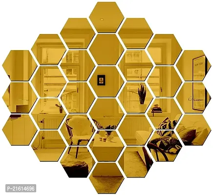 DeCorner - Hexagon 30 Golden Decorative Mirror Stickers for Wall, Wall Mirror Stickers, 3D Acrylic Stickers Wall Stickers for Hall Room, Bed Room, Kitchen Living Room Kids Room.-thumb0