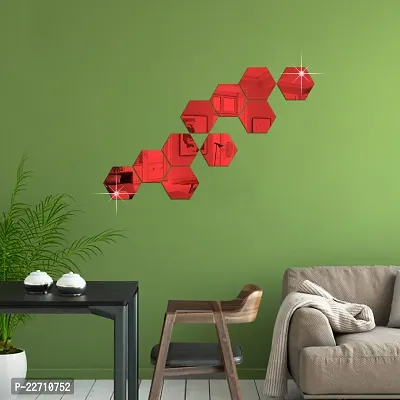 Premium Quality 10 Super Hexagon Red Wall Decor Acrylic Mirror For Wall Stickers For Bedroom - Mirror Stickers For Wall Big Size Cm Acrylic Sticker For Home Decoration