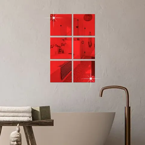 6 Big Square Red Mirror for Wall Stickers Large Size (15x15) Cm Acrylic Mirror Wall Decor Sticker for Bathroom Mirror |Bedroom | Living Room Decoration Items