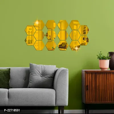 Premium Quality 16 Super Hexagon Gold Wall Decor Acrylic Mirror For Wall Stickers For Bedroom - Mirror Stickers For Wall Big Size Cm Acrylic Sticker For Home Decoration