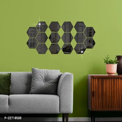 Premium Quality 16 Super Hexagon Black Wall Decor Acrylic Mirror For Wall Stickers For Bedroom - Mirror Stickers For Wall Big Size Cm Acrylic Sticker For Home Decoration