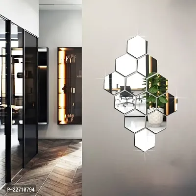 Premium Quality 12 Super Hexagon Silver Wall Decor Acrylic Mirror For Wall Stickers For Bedroom - Mirror Stickers For Wall Big Size Cm Acrylic Sticker For Home Decoration