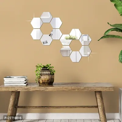 Premium Quality 12 Super Hexagon Silver Wall Decor Acrylic Mirror For Wall Stickers For Bedroom - Mirror Stickers For Wall Big Size Cm Acrylic Sticker For Home Decoration