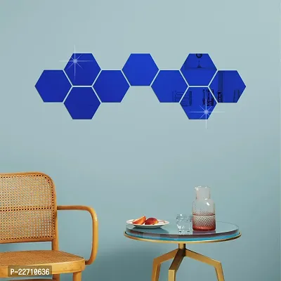 Premium Quality 9 Super Hexagon Blue Wall Decor Acrylic Mirror For Wall Stickers For Bedroom - Mirror Stickers For Wall Big Size Cm Acrylic Sticker For Home Decoration