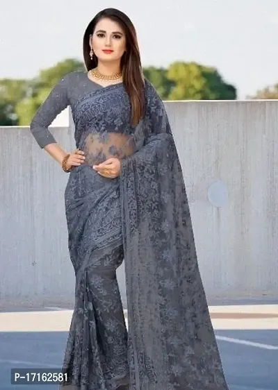 Stylish Net Grey Embroidered Saree with Blouse piece