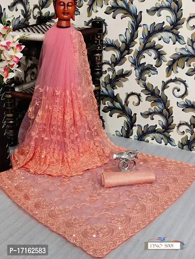 Stylish Net Pink Embroidered Saree with Blouse piece
