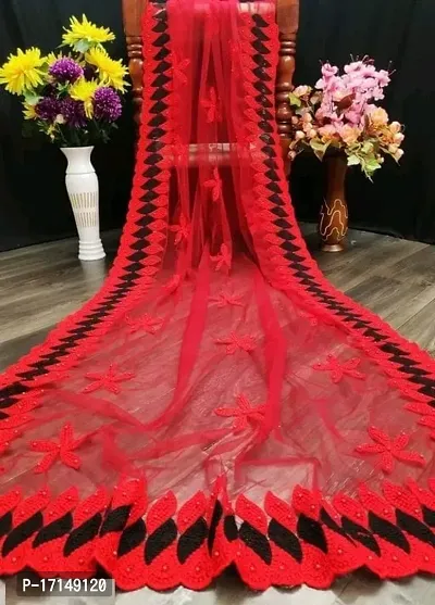 Stylish Net Red Embroidered Saree with Blouse piece