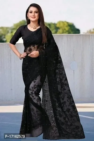 Stylish Net Black Embroidered Saree with Blouse piece