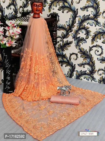 Stylish Net Orange Embroidered Saree with Blouse piece