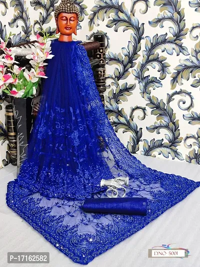 Stylish Net Blue Embroidered Saree with Blouse piece