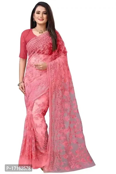 Stylish Net Pink Embroidered Saree with Blouse piece-thumb0