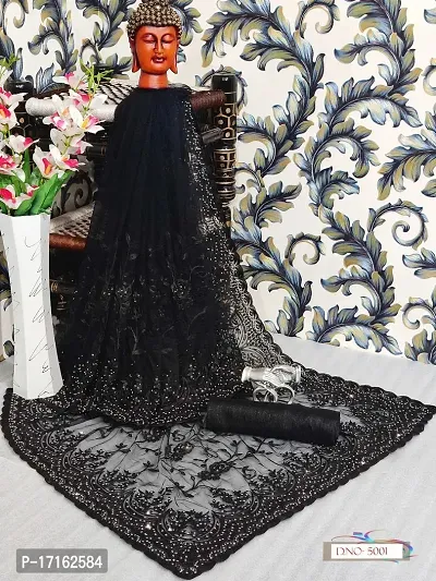 Stylish Net Black Embroidered Saree with Blouse piece-thumb0