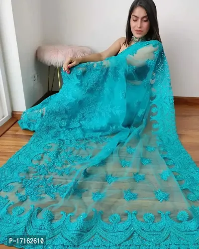 Stylish Net Sky Blue Embroidered Saree with Blouse piece-thumb0