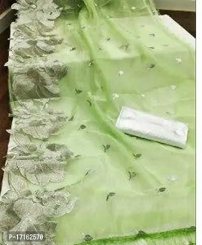 Stylish Net Green Embroidered Saree with Blouse piece