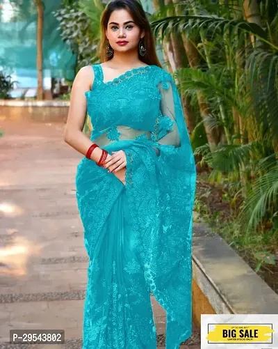 Stylish Net Embroidered Saree with Blouse Piece