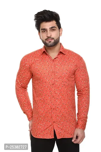 5AM | Cotton Blend Full Sleeves Printed Shirt | for Men  BOY | Pack of 1 (Medium, Orange)