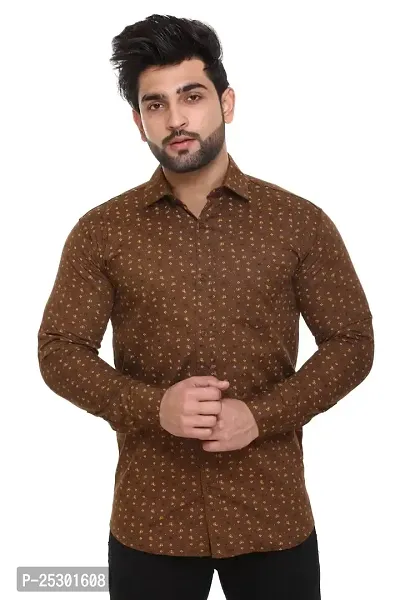 5AM | Cotton Blend Full Sleeves Printed Shirt | for Men  BOY | Pack of 1 (Medium, Brown)-thumb0