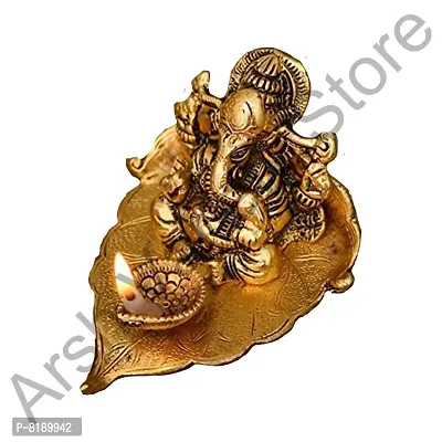 Metal Lord Ganesha On Leaf with Diya Ganpati Murti Religious Idol for for Pooja Room-thumb2