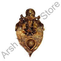 Metal Lord Ganesha On Leaf with Diya Ganpati Murti Religious Idol for for Pooja Room-thumb2