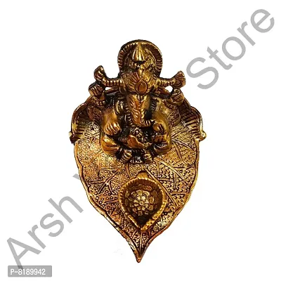 Metal Lord Ganesha On Leaf with Diya Ganpati Murti Religious Idol for for Pooja Room-thumb3