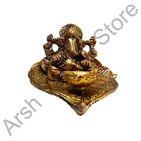 Metal Lord Ganesha On Leaf with Diya Ganpati Murti Religious Idol for for Pooja Room-thumb3