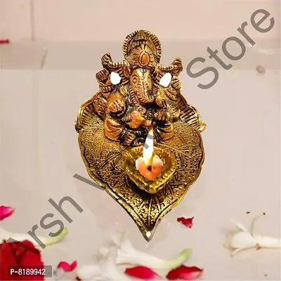 Metal Lord Ganesha On Leaf with Diya Ganpati Murti Religious Idol for for Pooja Room-thumb0