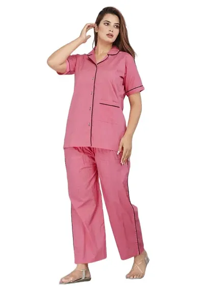 PRAYAN Women's Cotton Solid Night Suit Set of Shirt & Pyjama