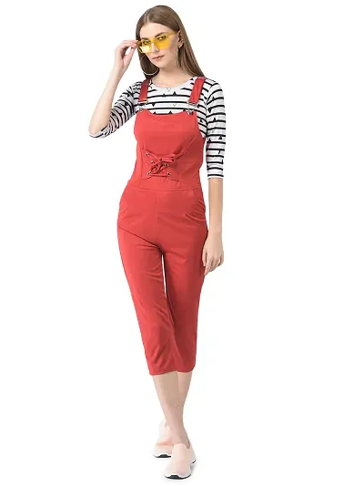 Women's Slim Fit Solid Jumpsuit with Striped Top,/Adjustable Dungarees
