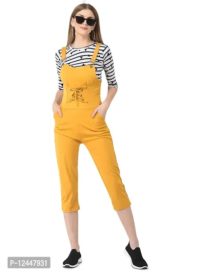 Women's Slim Fit Solid Jumpsuit with Striped Top,/Adjustable Dungarees-thumb0