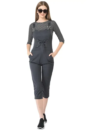 Women's Slim Fit Solid Jumpsuit with Striped Top,/Adjustable Dungarees