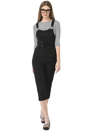 Women's Slim Fit Solid Jumpsuit with Striped Top,/Adjustable Dungarees