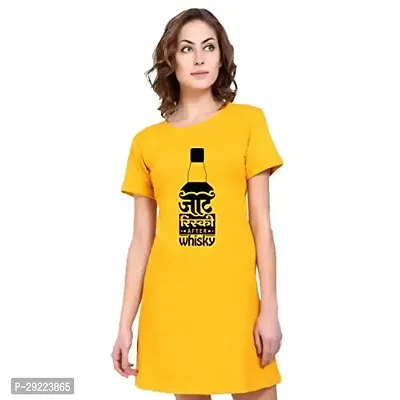 Stylish Yellow Cotton Blend Printed T-shirt Dress For Women