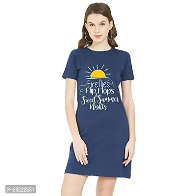 Stylish Navy Blue Cotton Blend Printed T-shirt Dress For Women-thumb0