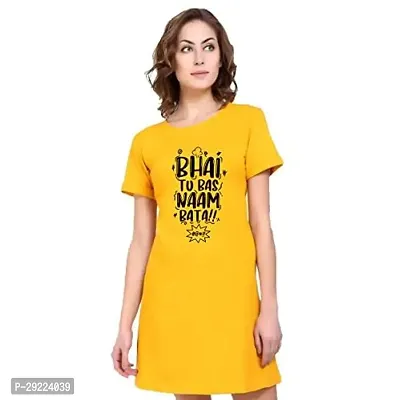 Stylish Yellow Cotton Blend Printed T-shirt Dress For Women