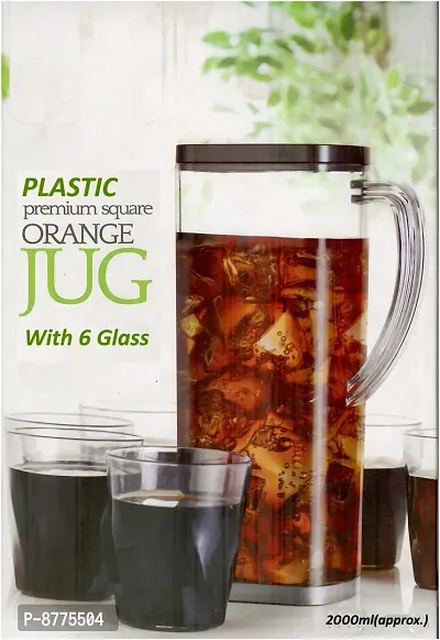 Trendy Square Plastic Orange Jug With 6 Pcs Glass Set Capacity 2000 Ml-thumb0