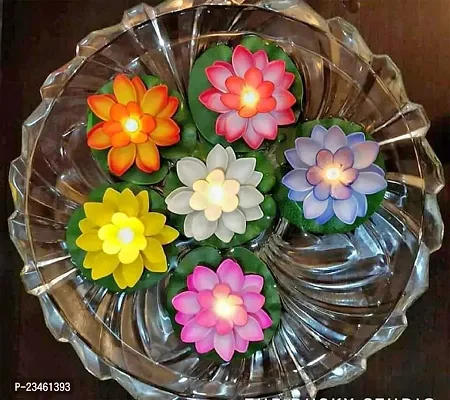 Smiling Cart Multi Color Floating Lotus Flower Shape Tea Light Diya Candles for Diwali Gift Pack of 6 Pc-thumb0